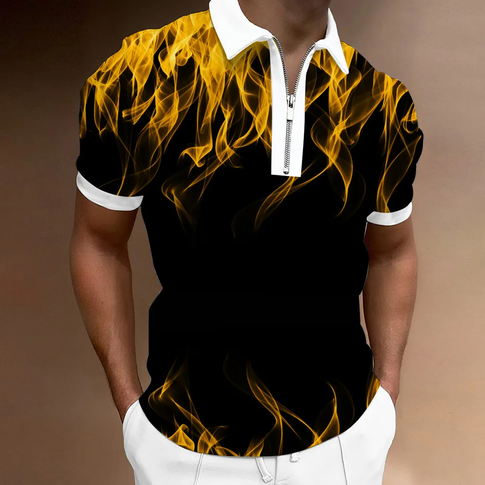 

Fashion men's casual lapel zipper polo shirt flame 3D printing Polo shirt Harajuku street casual short sleeve T-shirt tops