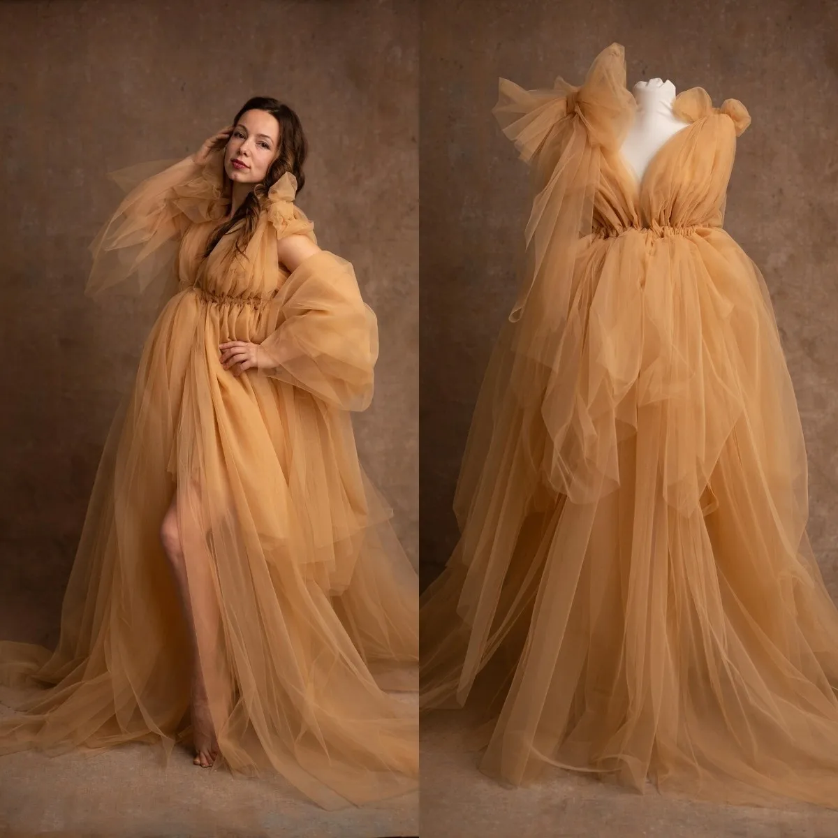 

Gold Layered Tulle Maternity Dresses for Photoshoot Front Slit Sleeveless Pluffy Pregnancy Prom Dress Women Maxi Gown