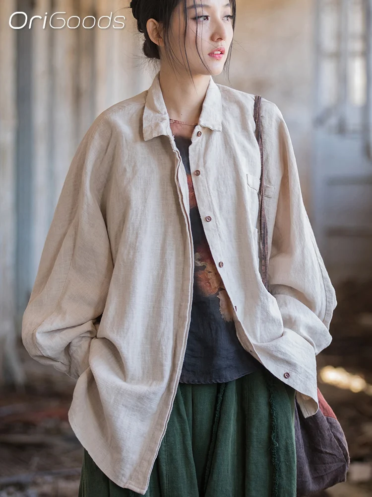 

OriGoods Oversized Shirt for Women Long Sleeve Ramie Cotton Loose Shirts Beige Black Original Batwing Sleeve Blouse Tops B139