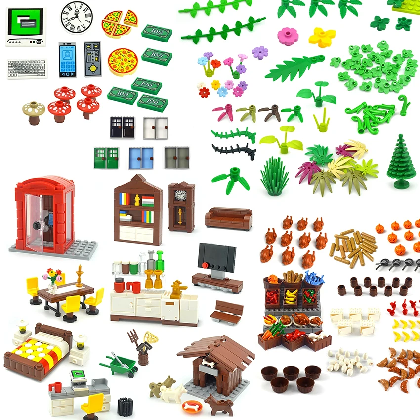 DIY City Food Fruit Small Gold Box Flowers trees Building Blocks Educational Toys Assembly Splicing Accessories Citys Model