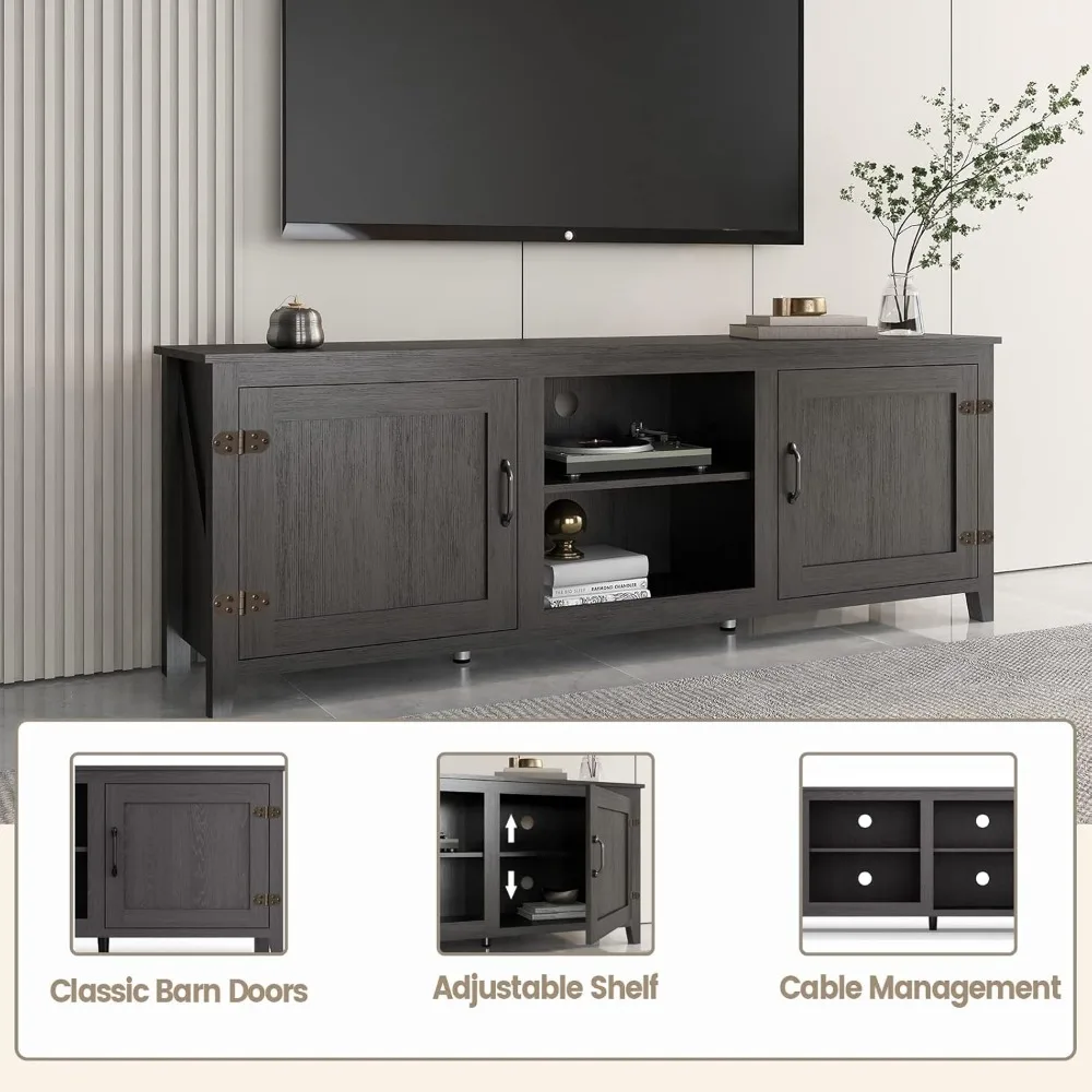 TV Stand for TVs up to 80 inch, Black, Farmhouse Style, with Barn Door, Storage and Cable Management, Durable MDF Board Construc 4