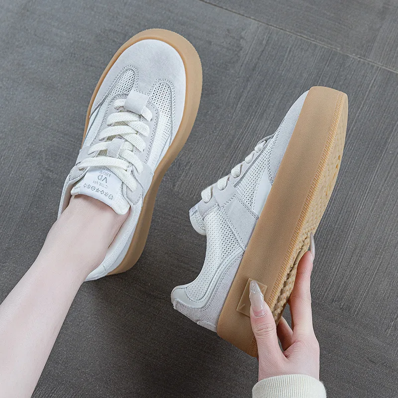 CICIYANG Women's Sneakers Thick-soled 2025 New Genuine Leather Mesh Ladies Moral Training Shoes Casual Spring Flat Shoes Women 2