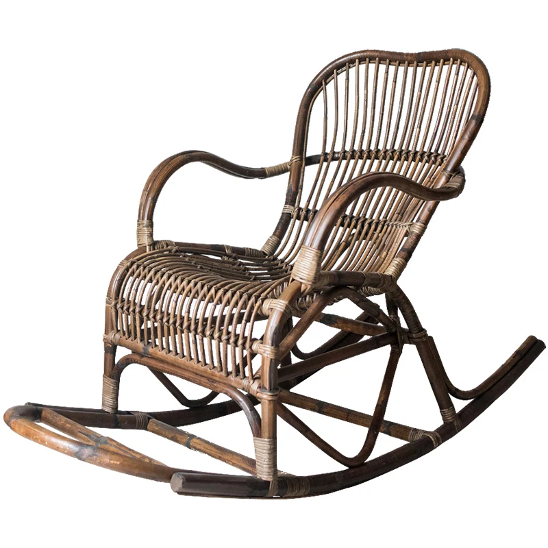 

Ancient Hand-Woven Rattan Chair Rocking Chair Recliner Natural Agate Rattan Retro Art Terrace Courtyard Furniture