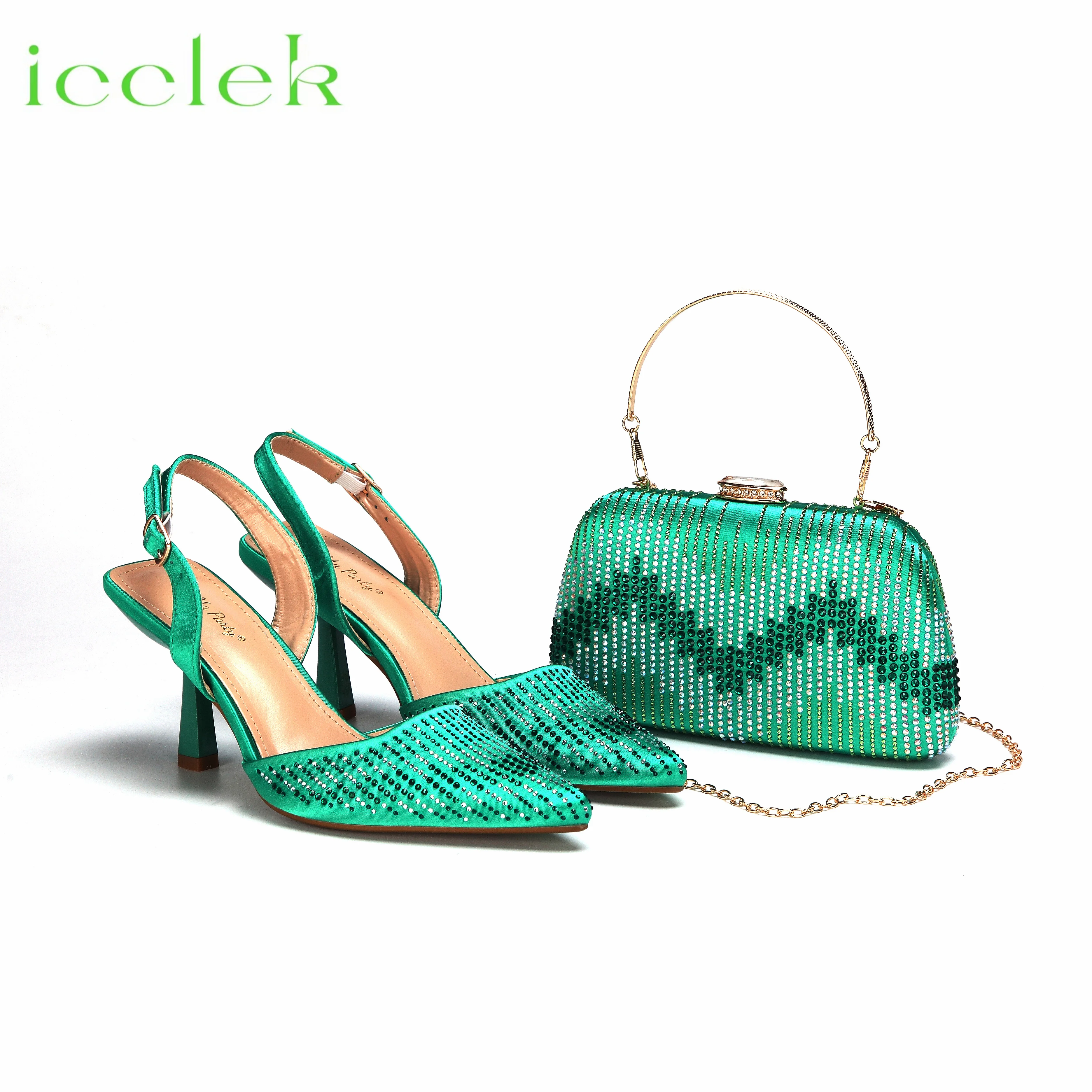 

Summer New Coming Green Color Thin Heels Comtable Design Ladies Shoes Matching Bag Set For Dress Party