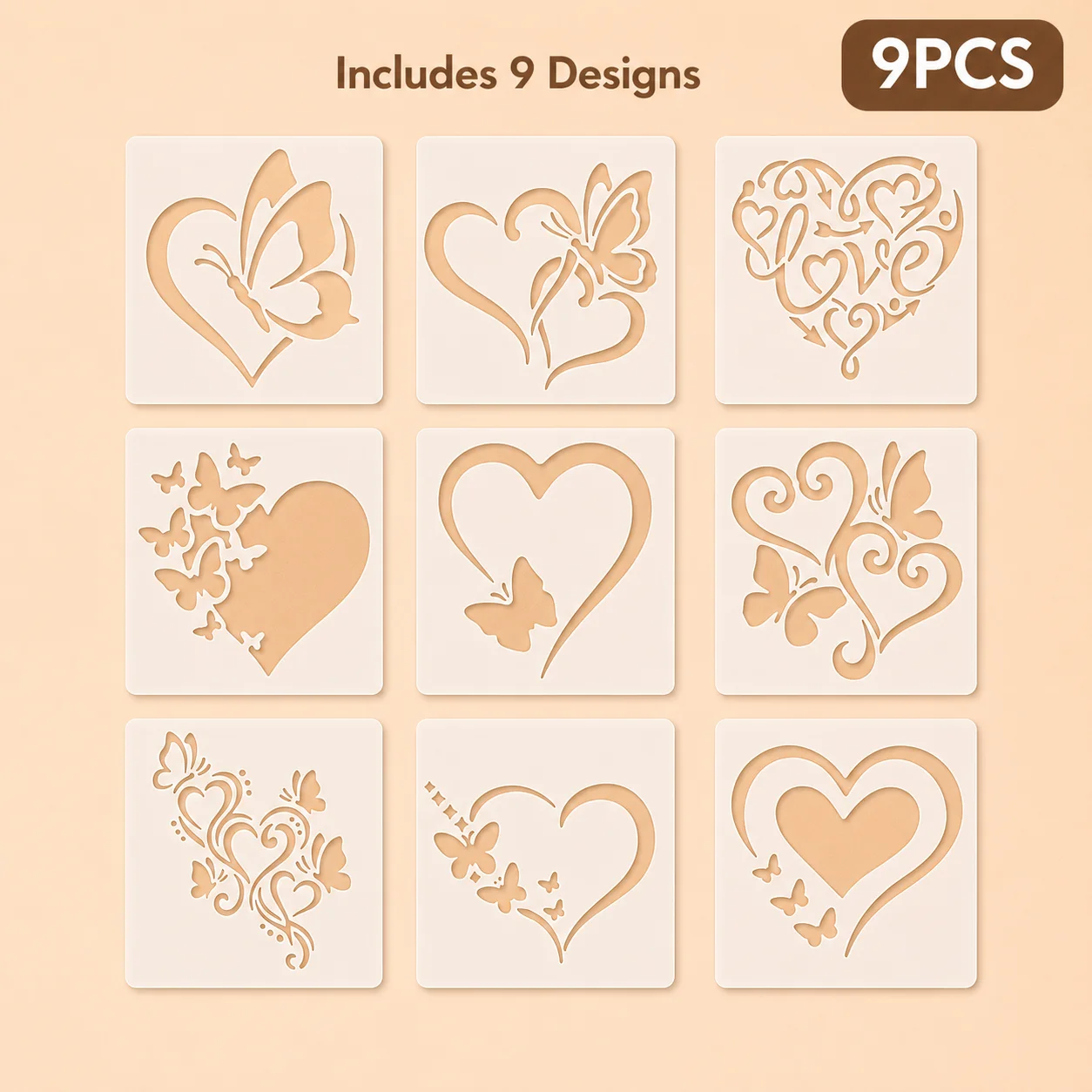 9Pcs 4x4in 하트 나비 스텐실 재사용 가능한 PET 스텐실 그림 그리기 DIY 러브 카드 공예 템플릿 벽 나무 직물 장식