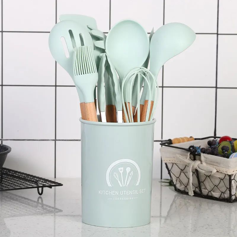 

12Pcs Silicone Kitchen Utensils Set Non-stick Cookware Turner For Kitchen Cooking Tools Spoons Ladle WhiskKit Spatula Wood