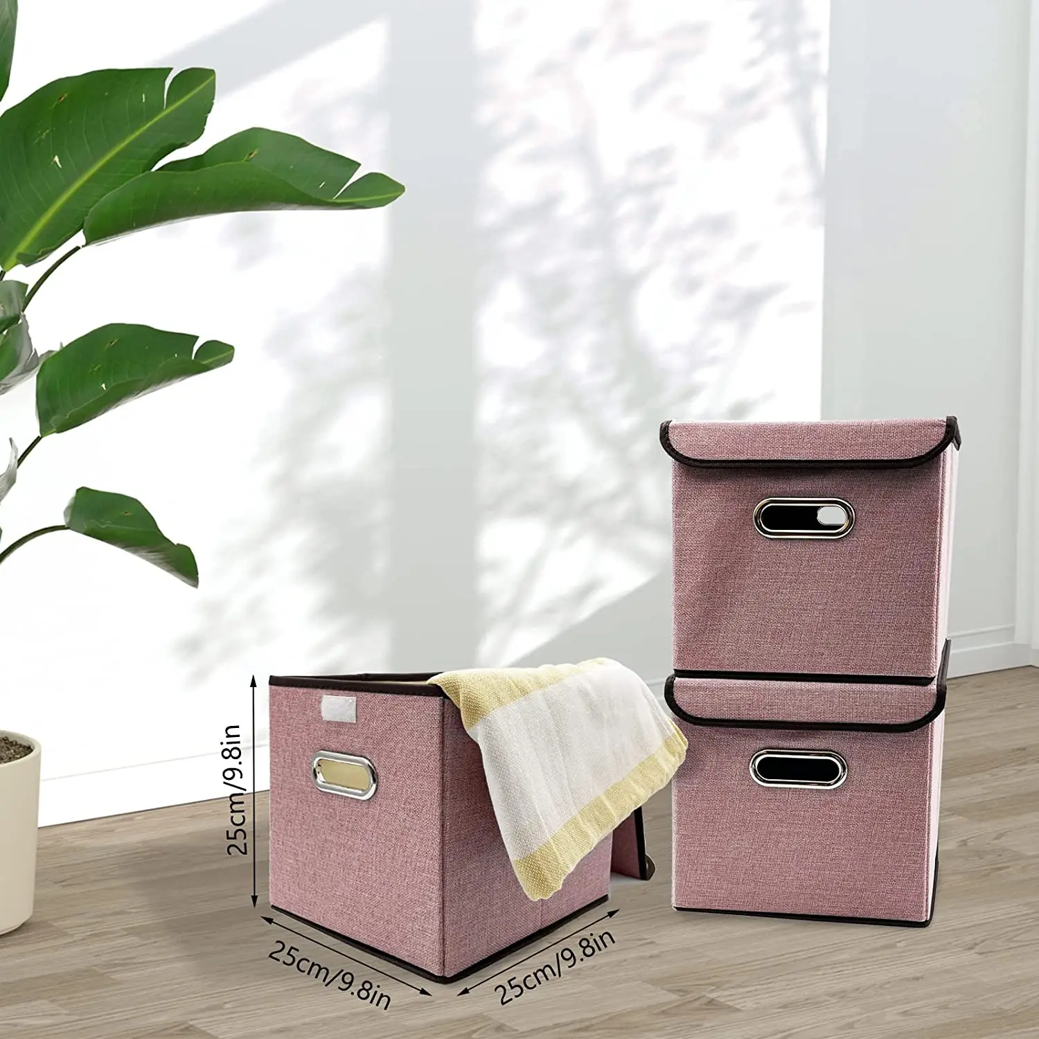 2Pcs Collapsible Storage Bins with Lid 25*25cm Linen Fabric Storage Baskets Washable Decorative Storage Box 5