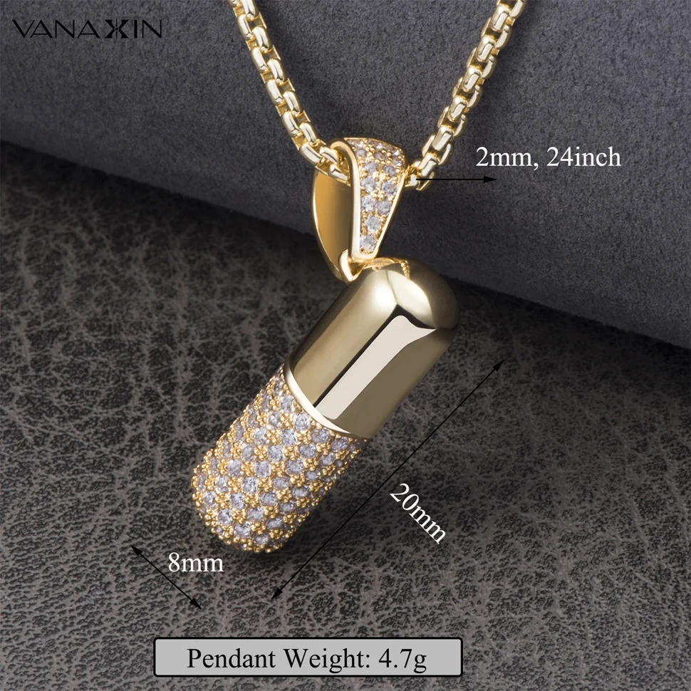 VANAXIN Keepsake Crystal Capsule Pendant Necklace for Men Women Jewelry Hip Hop Pill Chain Charms Tennis Jewels