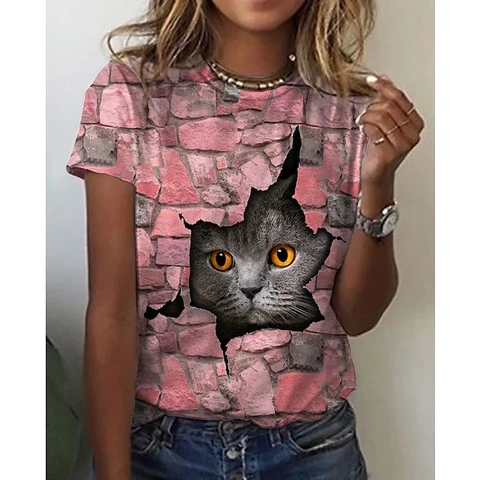 Printing Cute Cat/Cat Printing Female T-shirt Fashion Fitness Girl Short-sleeved Tops Fashion Casual Niche Design Clothing