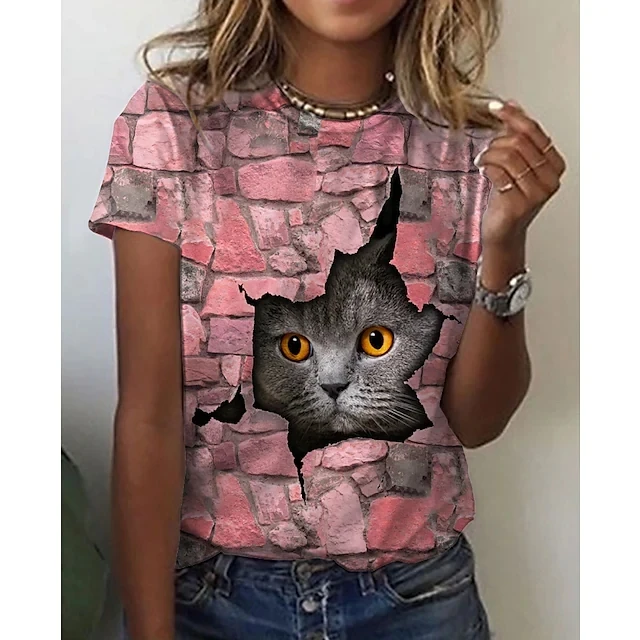 New  Printing Cute Cat/Cat Printing Female T-shirt Fashion Fitness Girl Short-sleeved Tops Fashion Casual Niche Design Clothing VRBI-3