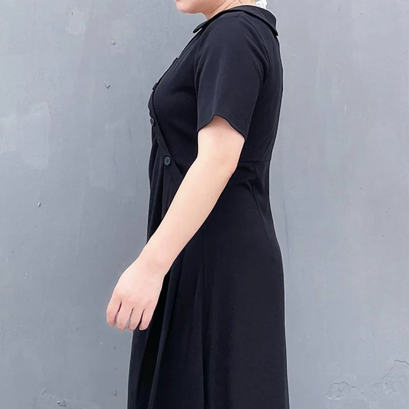 Korean Plus Size Women's Clothing Solid Color Asymmetric Design of Pleated Diagonal Buckle Short Sleeve Loose A-line Midi Dress