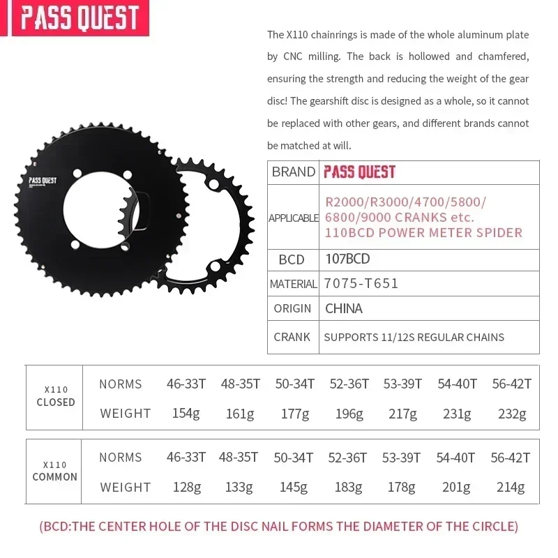 PASS QUEST 110 bcd chainring road bike 2X Narrow wide with