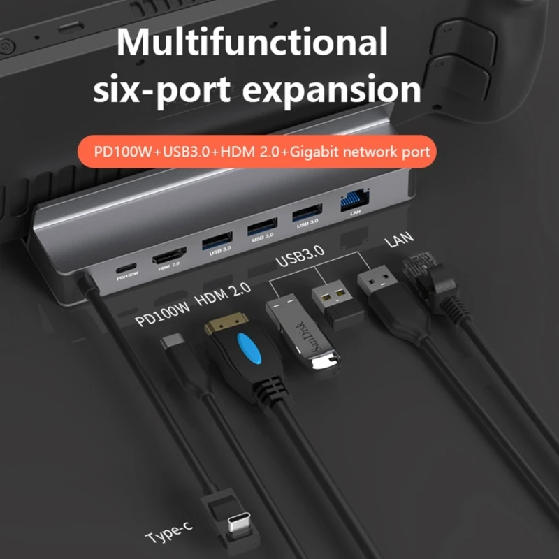 

6-in-1 USB Hub Aluminum Alloy Docking Station for SteamDeck Base Connector Docking Station 1000MbpsEthernet Drop Shipping