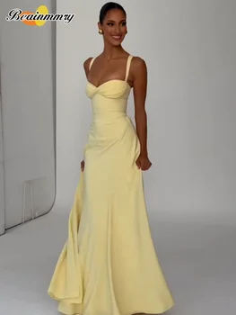Yellow Low Cut Backless Lace Up High Waisted Maxi Dress Sleeveless Waist Cincher Spaghetti Strap Vestidos Party Club Women Robe 1