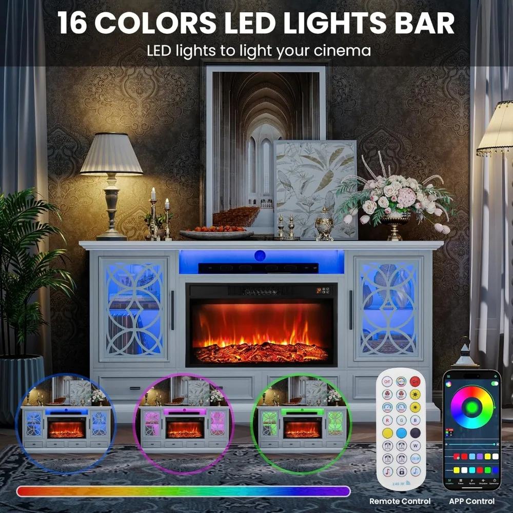 70'' Fireplace TV Stand for TVs Up to 80 Inch,White TV Stand with 30"Fireplace & LED Lights,with Storage Drawers for Living Room 4