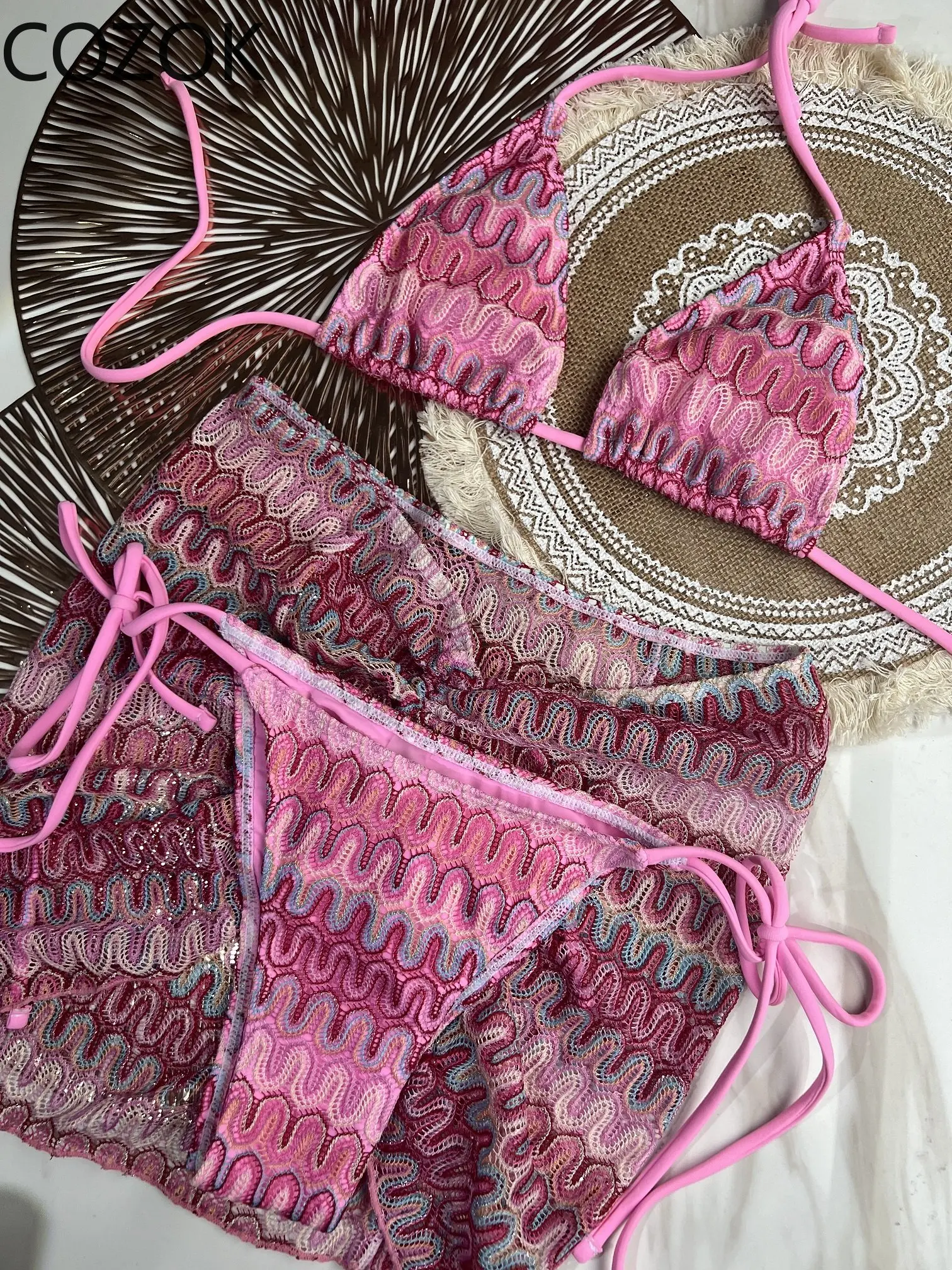 Zigzag Bikini Three Piece Swimwear with Skirt Knitting Bikinis Swimsuit Push Up Beachwear