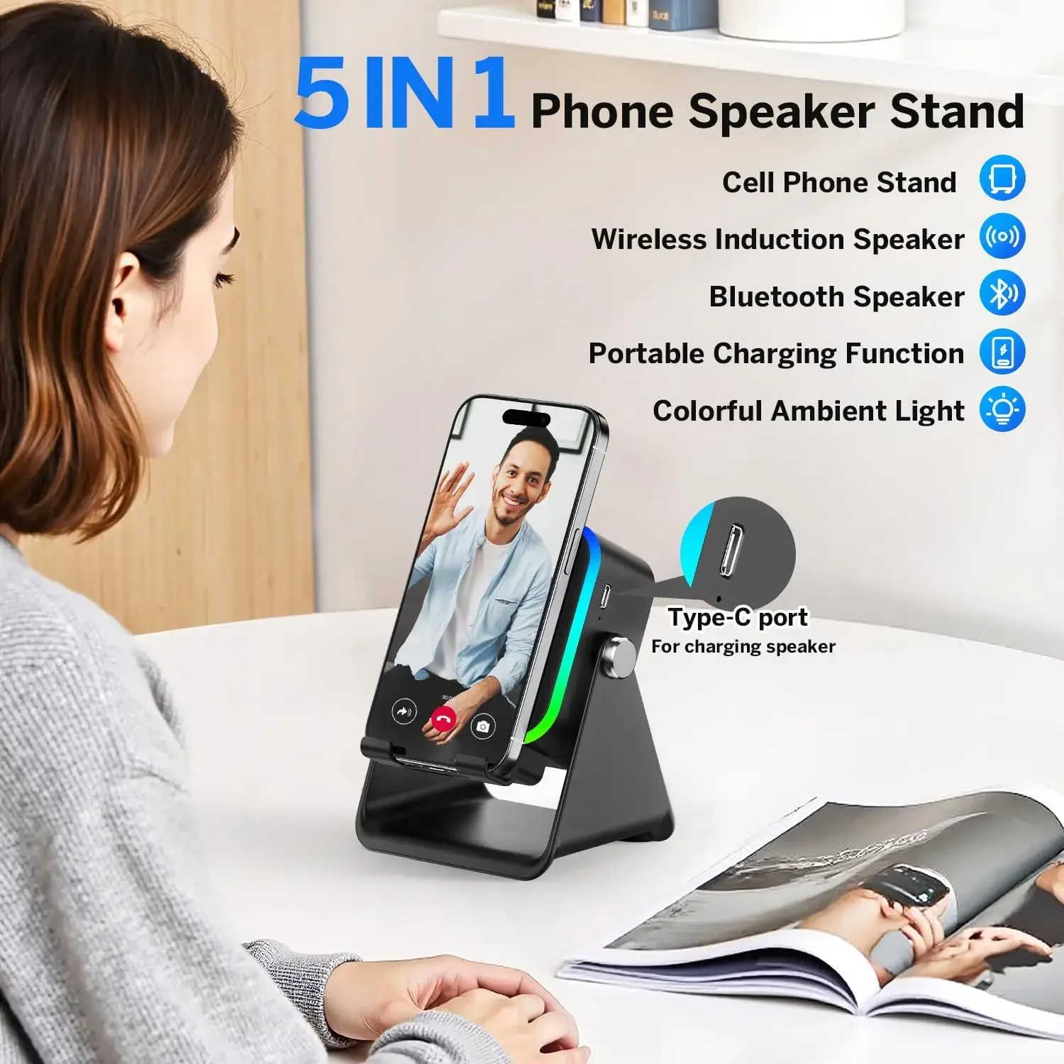 8 Mode RGB 5 In 1 Auto-induction Wireless Induction Speaker Lights HIFI Sound Portable Bluetooth Phone Holder Christmas gifts