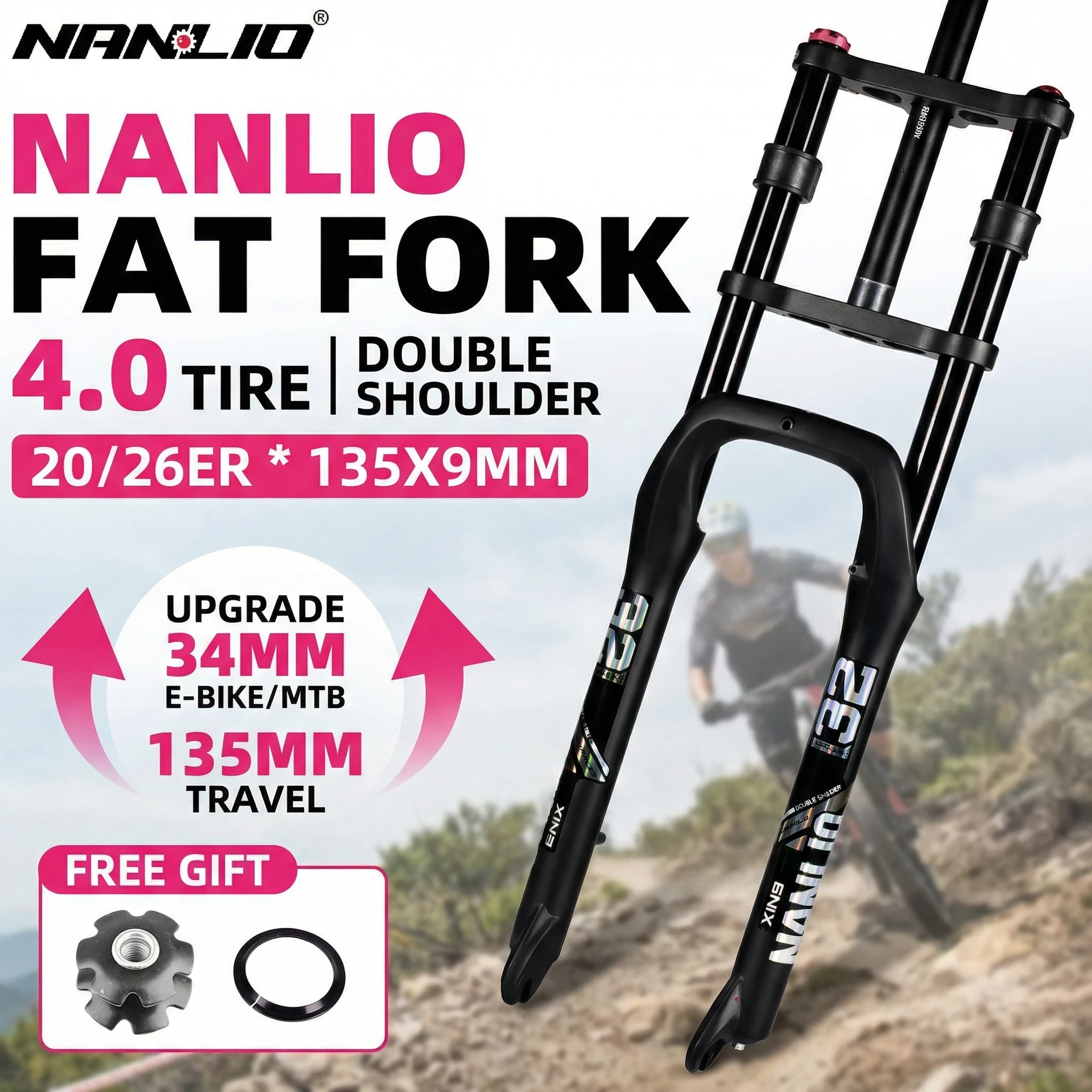 NANLIO Double Shoulder Air Suspension Fork, 20 26 Inch Fat Bike Snow E Bike MTB Fork 135x9mm Double Crown 34mm Tube