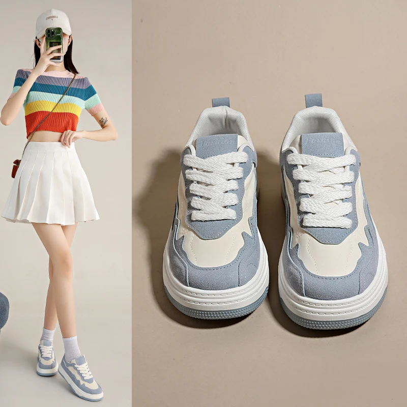 2023 New Leather Sports Casual Shoes Women's Spring and Autumn Vulcanized Shoes Sports Shoes Lace-up Casual Women's Flat Shoes