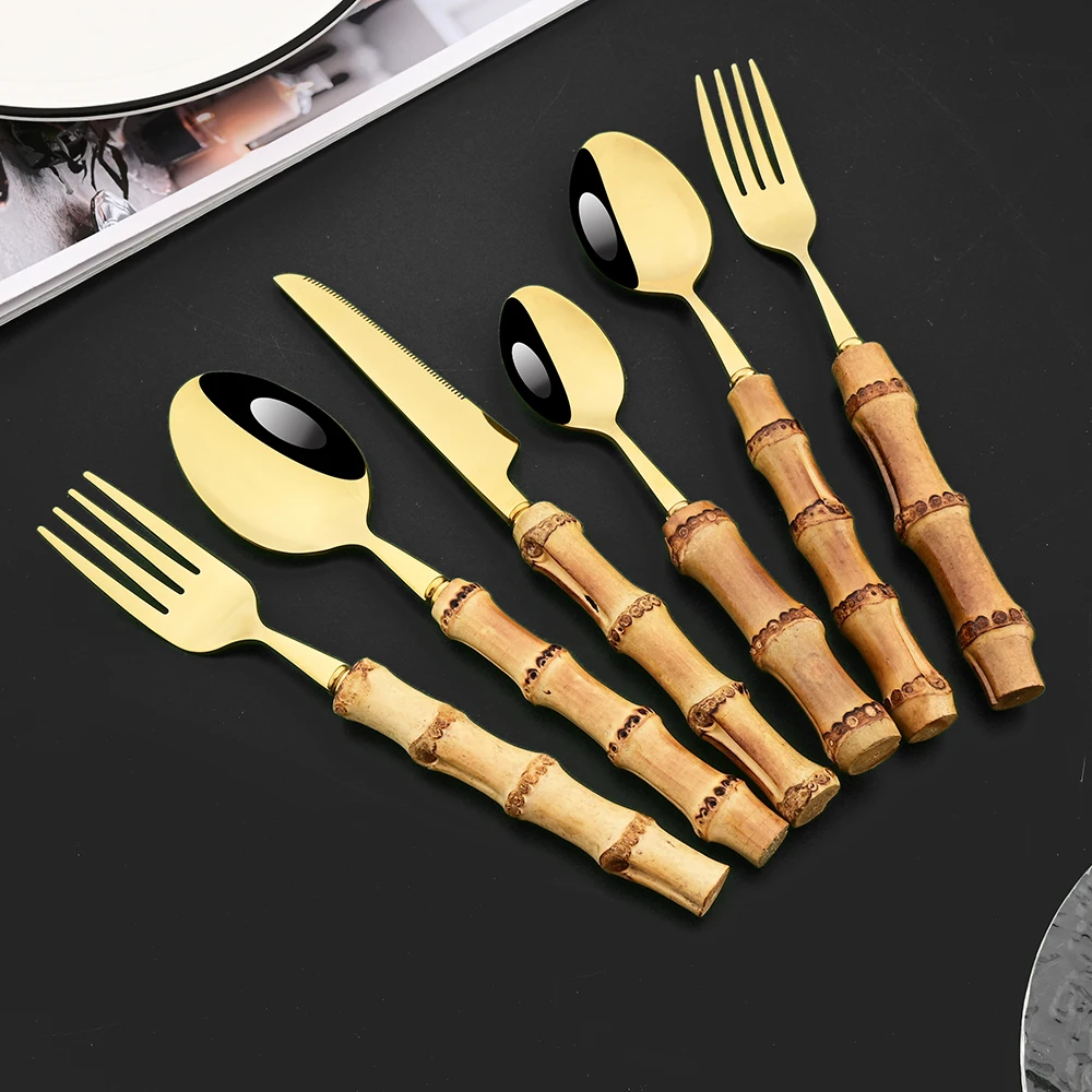 

Набор золотых столовых приборов из бамбука с креативной ручкой, 6 шт., столовые приборы из нержавеющей стали, Западный нож, ложка, вилка, столовая посуда