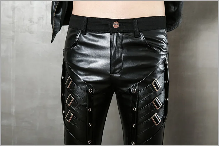 Mens Punk Fashion PU Leather Pants Personality Motorcycle Pencil Trousers Hip Hop Applique Black Leather Trousers Male