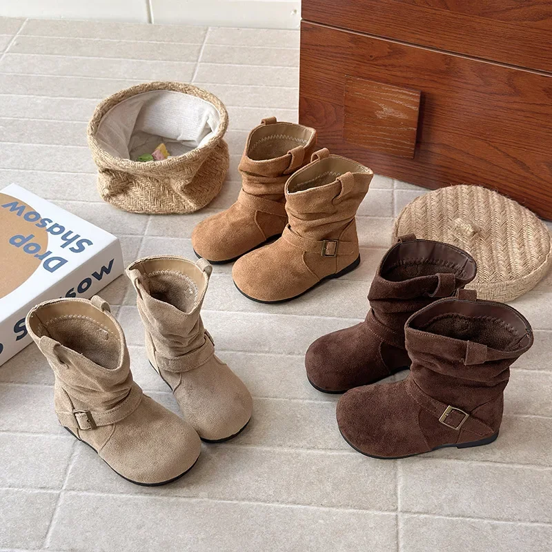 패션 스웨이드 PU 가죽 부츠 가을 겨울 신상 여자 레트로 벨벳 보이 앵클 워머 신발 플랫 사이즈 23-34