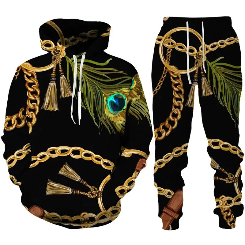 

Vintage Gold Chain Men's Tracksuit 2 Piece Set Hoodie Suit For Men 3d Funny Pants Sets Sportswear Fashion Oversized Men's Cloth