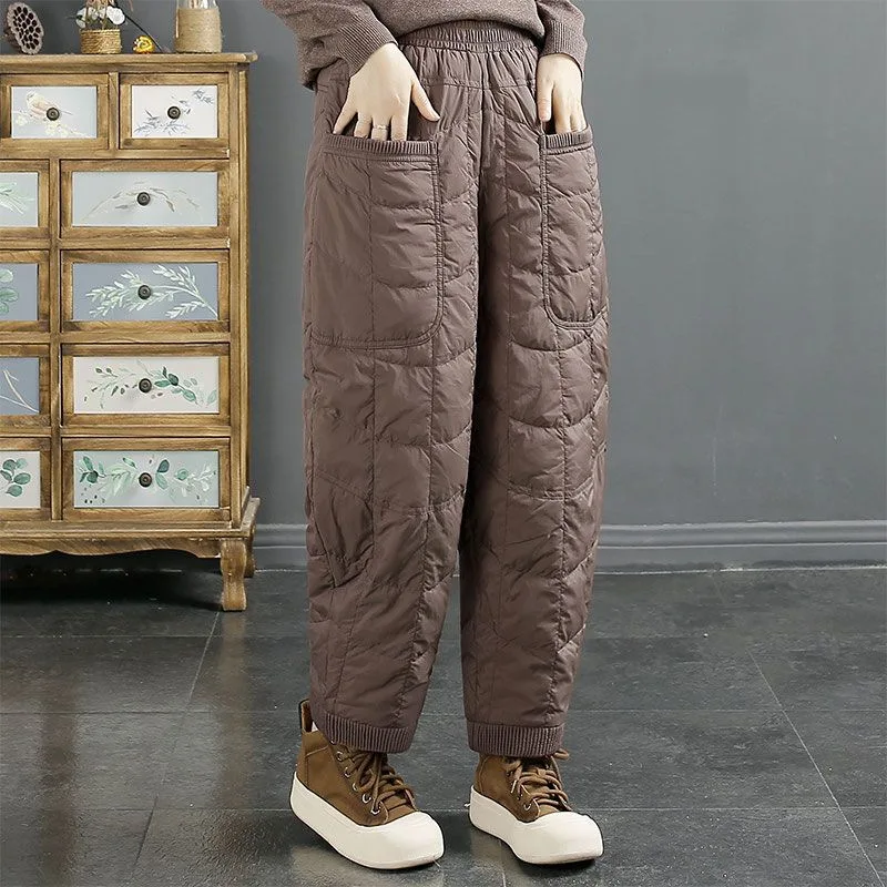 2023 New Lingge Down Cotton Pants for Women's Winter Art Retro Solid Color Casual Pants for Women