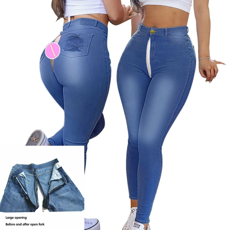 

Hot Product Free Shipping Sexy Jeans Invisible Open-Seat Pants Outdoor Sex Convenient Stretch Women's Skinny Peach Hip Trouser