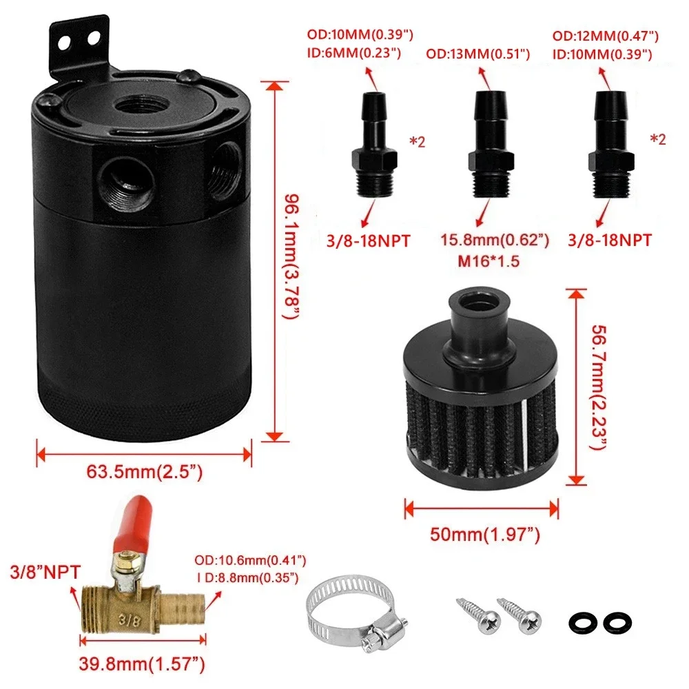 Universal Racing Baffled Oil Catch Can Tank 2-Port/ 3-Port Reservoir with Drain Valve Breather Cylinder Filter Kit Aluminum oil catch can