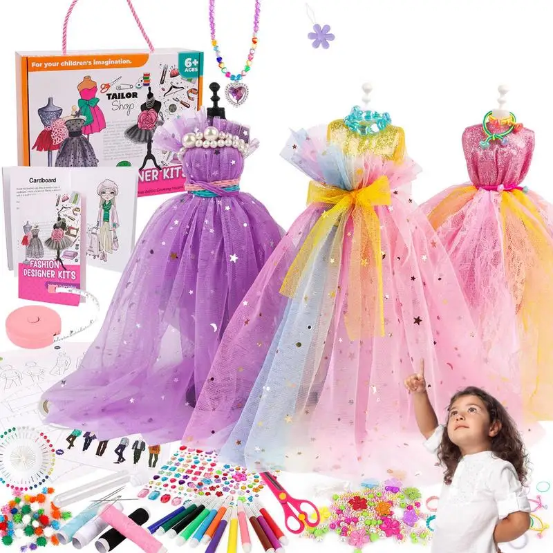 Dress Designer Kit For Girls 309pcs DIY Crafts For Girls Creative 2 Mannequin Stand Fashion Designer Kit Doll Clothes Making