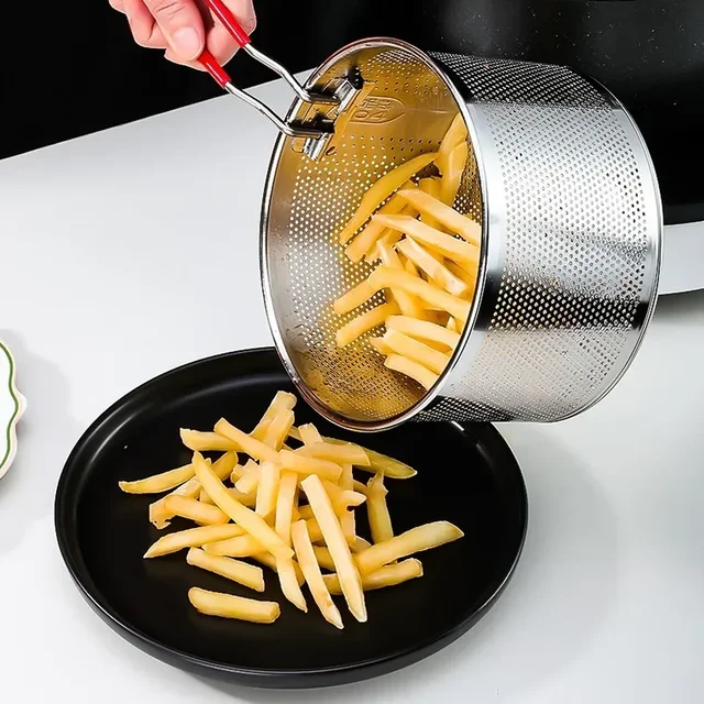 Cestino per friggere da cucina in maglia fritta in acciaio inossidabile 304 Cestino per friggere Padella per olio Colino Cucchiaio per noodle Colino Patatine fritte 1