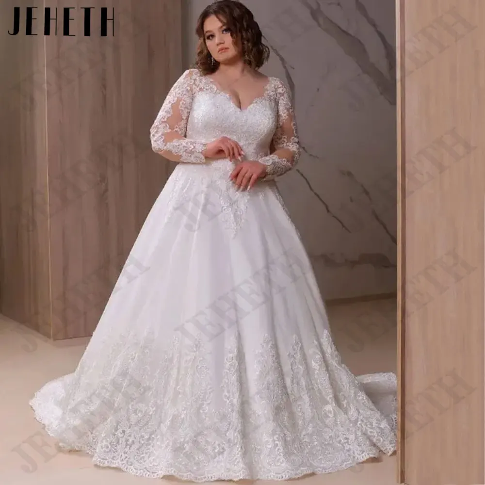 

JEHETH Appliques Plus Size Wedding Gowns Backless Back Buttons Bride Gowns A-Line Tulle Long Sleeves Vestido De Mariages 2024