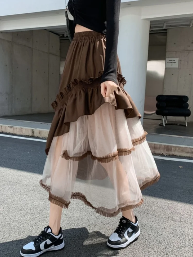 

Fashion Patchwork Tulle Skirt for Women 2023 New Spring Summer Elegant Contrast Color Mesh Midi Long Skirt Female Ladies