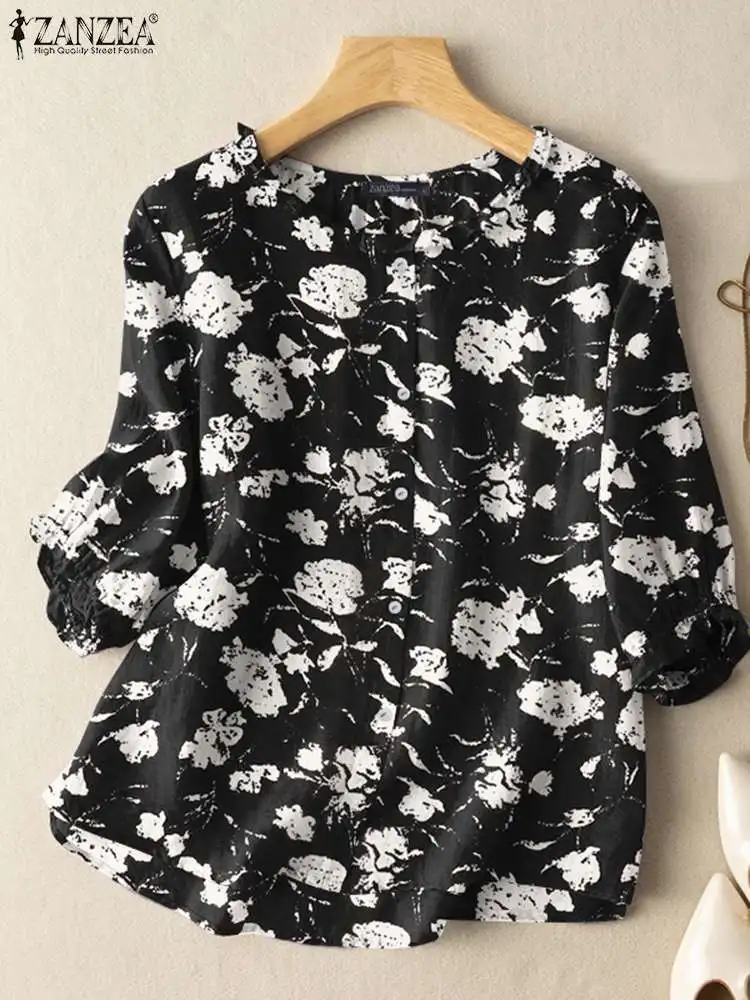 

ZANZEA Fashion Floral Printed Blouse Summer Casual Loose Tops Bohemian Elegant Ruffles Chemise Woman O Neck 3/4 Sleeve Shirt