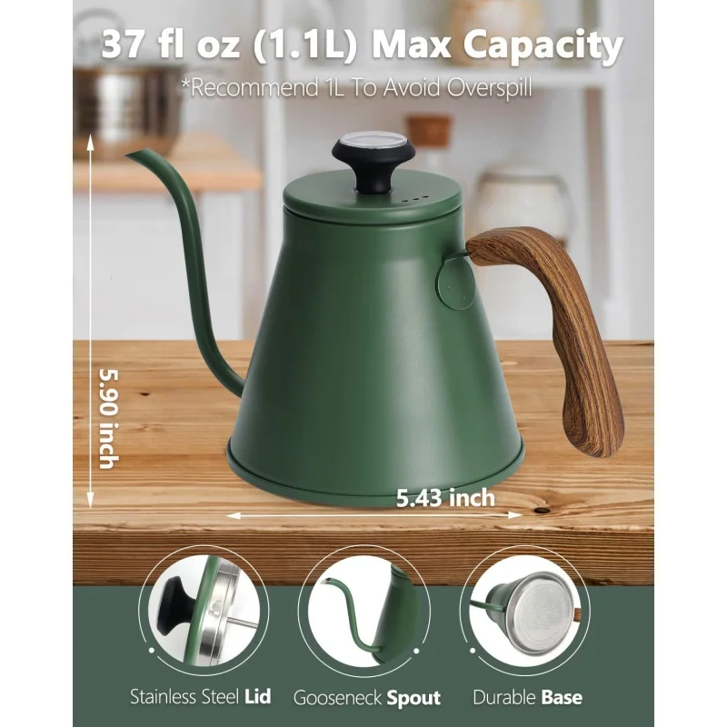 Gooseneck Kettle with Thermometer - Stainless Steel - 37oz 1.1L - Pouring