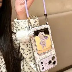 Adorable Bunny Floral Phone Wrist Strap Case with Mirror Card Slot - Kawaii Protective Design - iPhone 15 (DSCGS21)