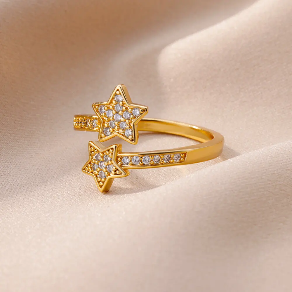 Zircon Double Star Rings Gold Color Stainless Steel Opening Stars Finger Ring