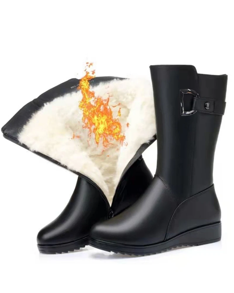 

Women Shoes Black Flat Round Toe Going Out Daily Wear Winter Warm PU Leather Lined Thermal Calf Boots