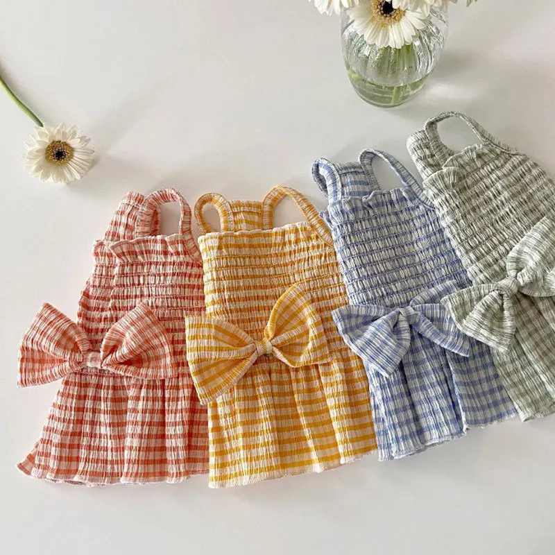 Dog Suspender Skirt Puppy Summer Clothes Bow Plaid Dog Vest Pet Striped Dress Chihuahua Bichon Kitten Pink Girls Costume