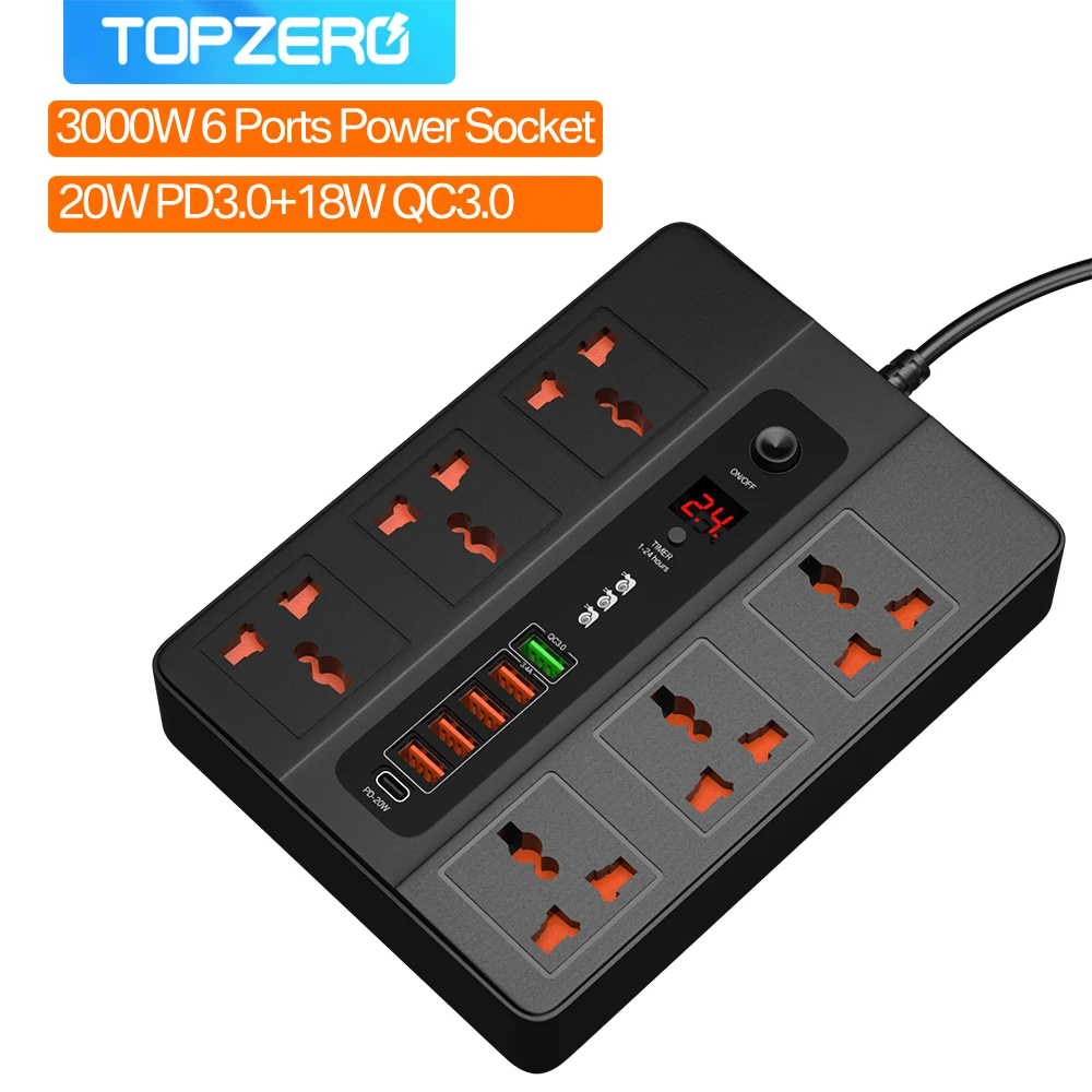 Розетка с 6 USB-портами 3000 Вт универсальный удлинитель типа C PD 20 двухметровый
