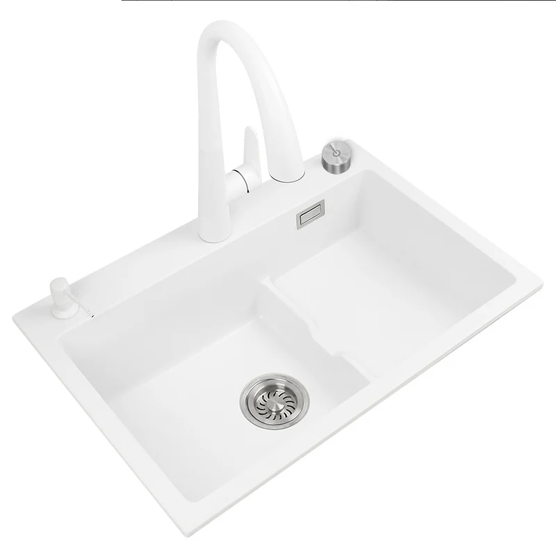 

Quartz Sink Kitchen Stepped Washing Basin Drop-in Sink Scullery Granite Dishwashing Sink Single Sink White