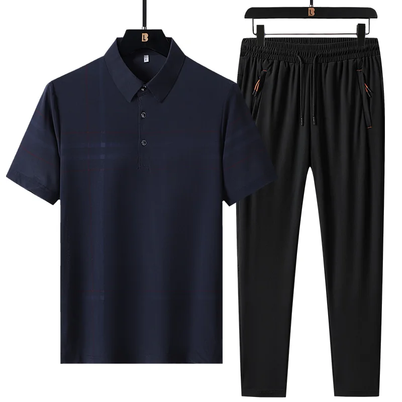 Simplicity Summer Ice Silk Men's POLO Collar Plaid Button Short Sleeve Tops Elastic Waist Drawstring Pocket Pants Motion Sets 3