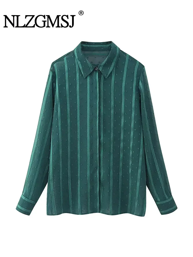 

Nlzgmsj TRAF Swiss Dot Shirt For Woman Casual Button Up Lapel Green Shirts 2024 Streetwear Female Tops Chic Slim Blouse