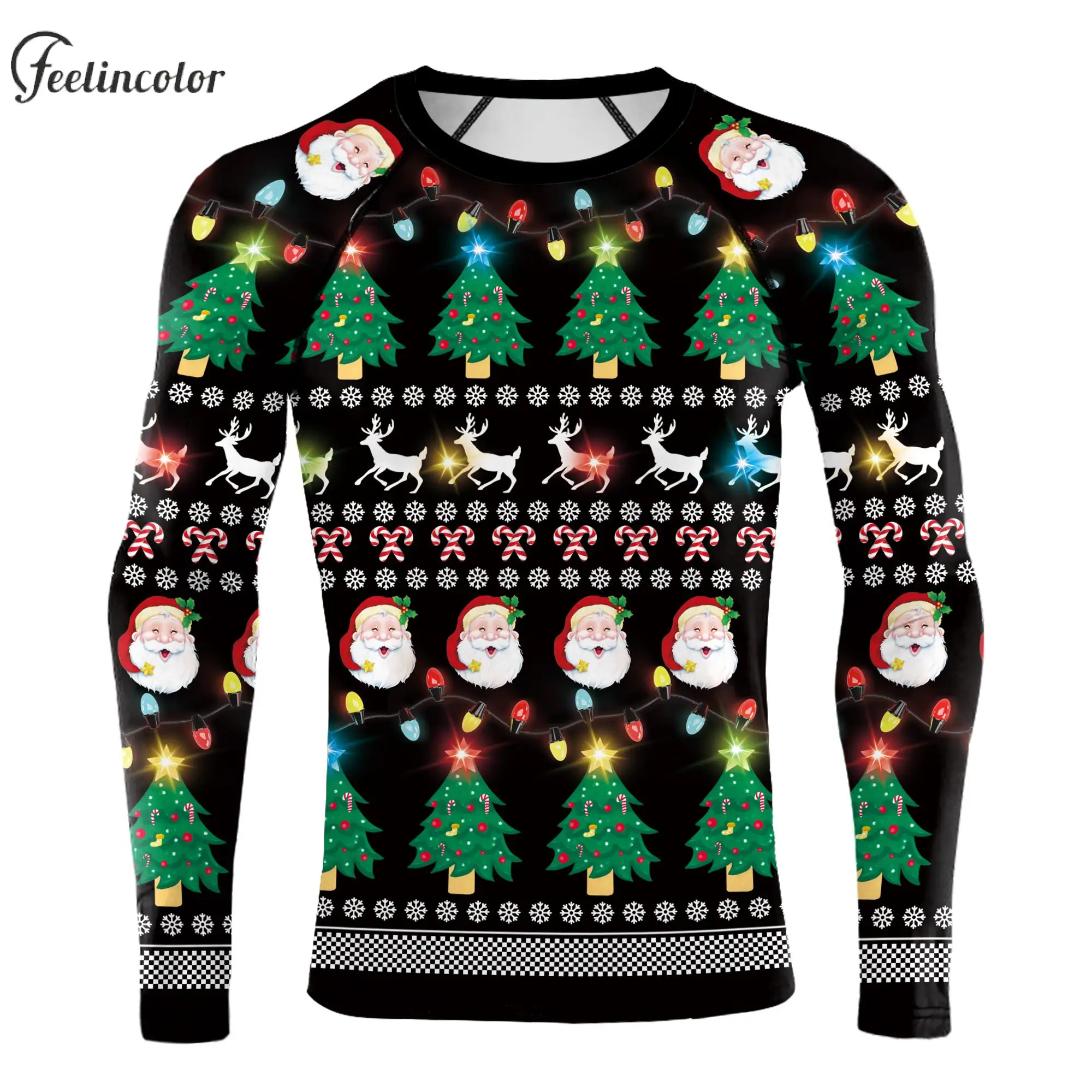 

Man Gym Shirts Green Christmas Long Sleeve Compression T-Shirt Male Fitness Top Holiday Party Clothes Vintage Pattern Streetwear