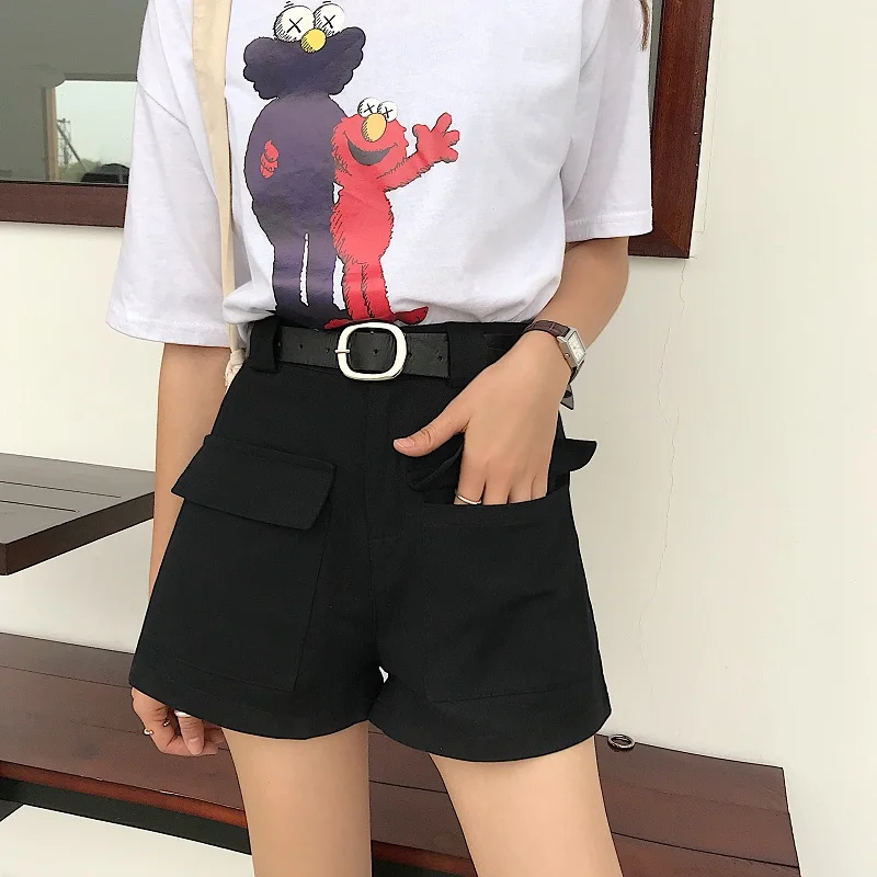 Spring New Korean Style Simple Flanging High Waist Slimming Denim Shorts Female Student All-Matching Straight Wide Leg Hot Pants compression shorts