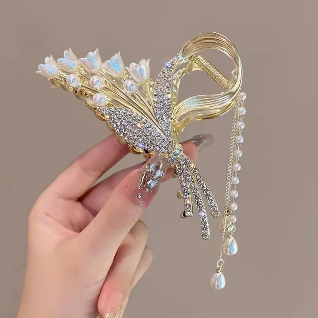 Pearl Flower Tassel Hair Claw Clip Ponytail Hair Clip Shark Clip Korean Exquisite Women Hair Accessories Fashion Headdress 2