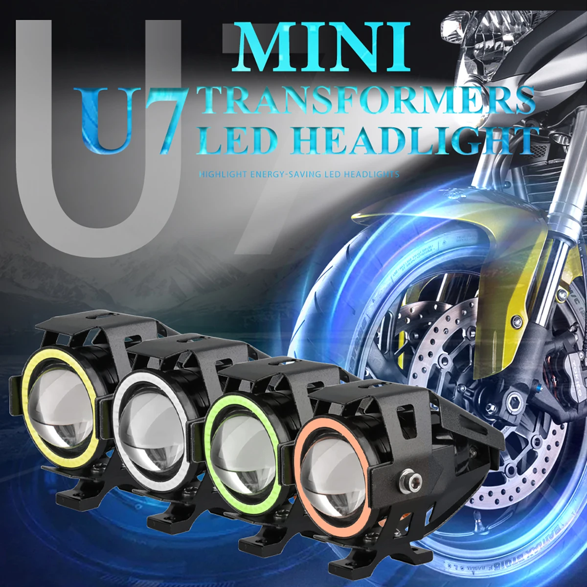 125W LED Motorcycle Headlight Universal 1200LM Angel Eyes U7 Mini Motorcycle Spotlights Bicycle Lamp Accessories