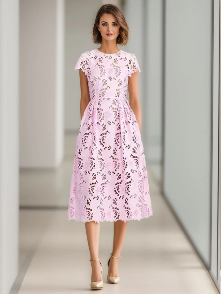 

High Quality Fashion Women'S New Summer Lace Pink Hollow Out Embroidered Sexy Workplace Party Celebrity Elegant Midi Dress