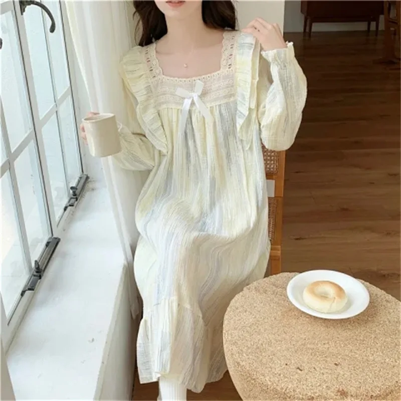Nightdress Women Cotton Lace Long Sleeve Nightgowns Spring Night Dress Sweet Autumn Home Clothes Nightwear Sleepshirt Sleepwear